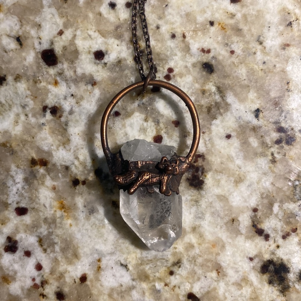 Copper electroformed clear quartz crystal necklace